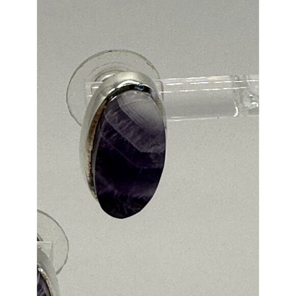 Vintage Chevron Amythest Sterling Silver Oval Post Earrings .75 Inch - Picture 2 of 8